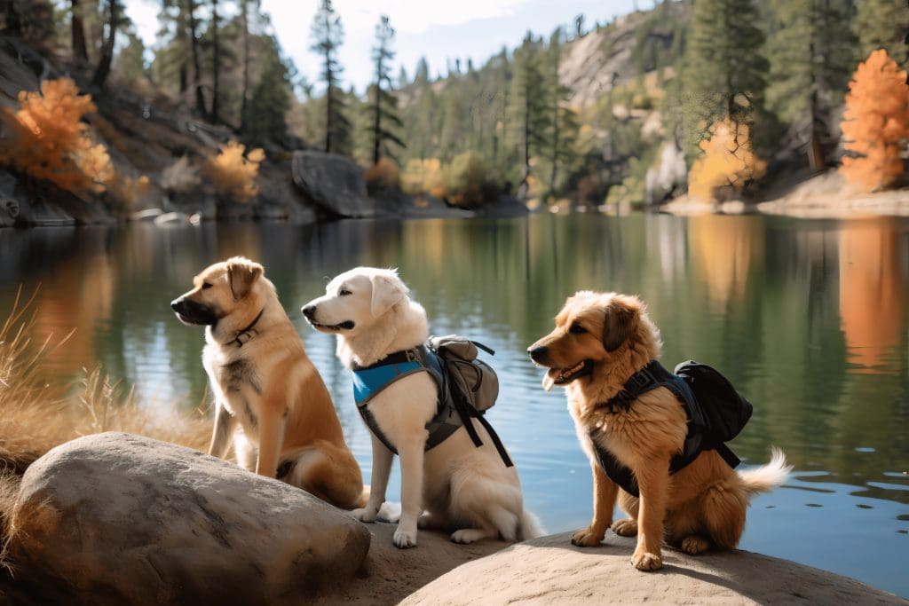 3 dogs on a path by a lake. Two are wearing backpacks.