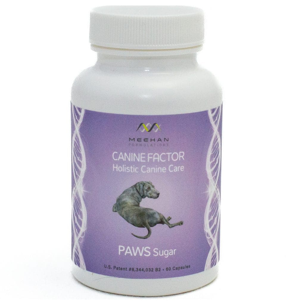 Bottle of PAWS sugar pet supplement front of label