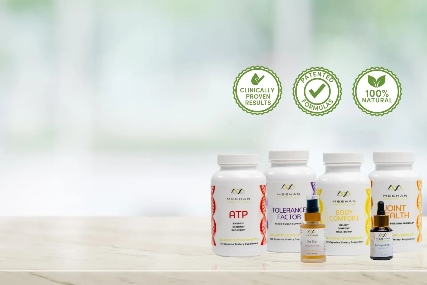 Four white Meehan Formulations supplement bottles and two serum bottles
